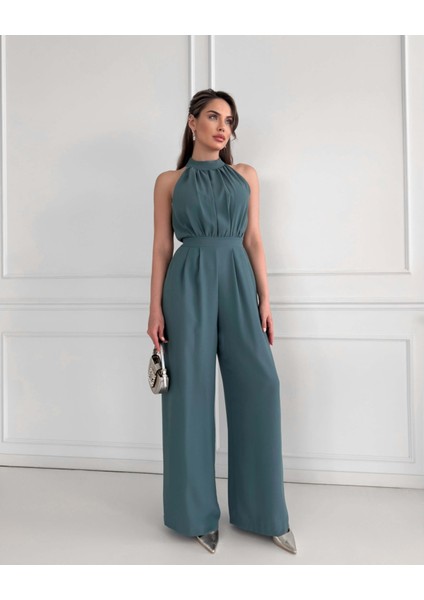 Çağla Yeşili Halter Yaka Uzun Tulum