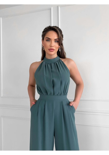 Çağla Yeşili Halter Yaka Uzun Tulum