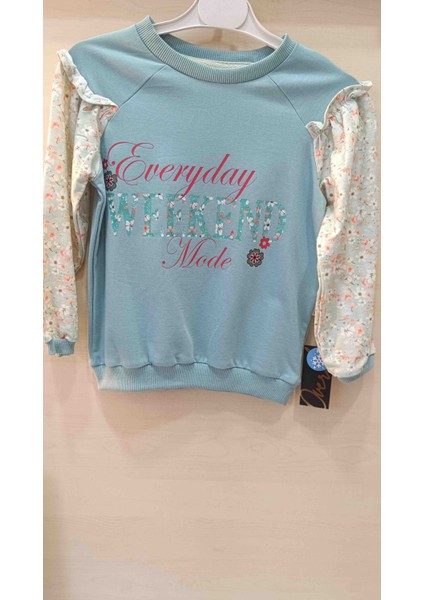 Kız Çocuk Kolları Fırfırlı Çiçekli Sweatshirt