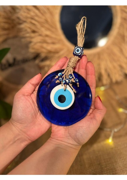 El Yapımı Hediyelik Dekoratif Nazar Boncuğu, İpli, Mavi 11 cm Duvar Süsü, Cam Nazarlık