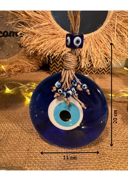 El Yapımı Hediyelik Dekoratif Nazar Boncuğu, İpli, Mavi 11 cm Duvar Süsü, Cam Nazarlık