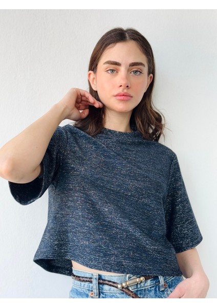 Parlak Simli Crop Bluz Kadın Lacivert