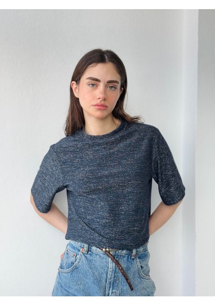Parlak Simli Crop Bluz Kadın Lacivert