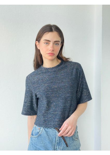 Parlak Simli Crop Bluz Kadın Lacivert