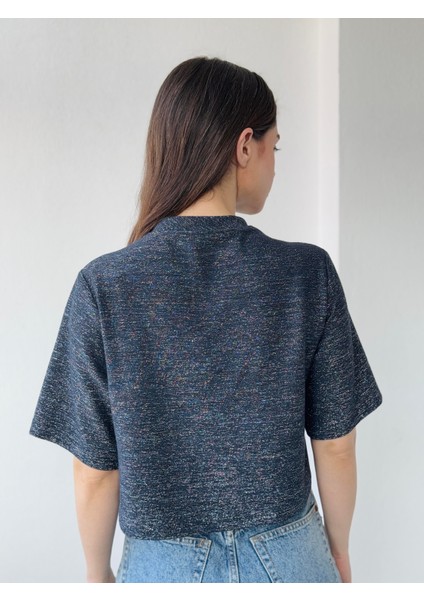 Parlak Simli Crop Bluz Kadın Lacivert
