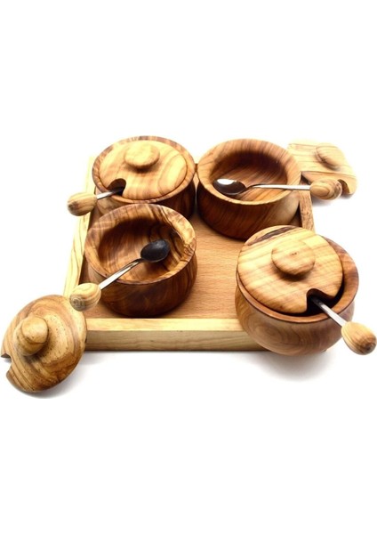 Ahşap Kaşıklı Tablalı 4'Lü Baharatlık Seti Zeytin Ağacı
