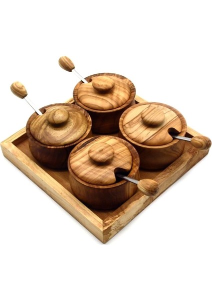 Ahşap Kaşıklı Tablalı 4'Lü Baharatlık Seti Zeytin Ağacı fiyatları