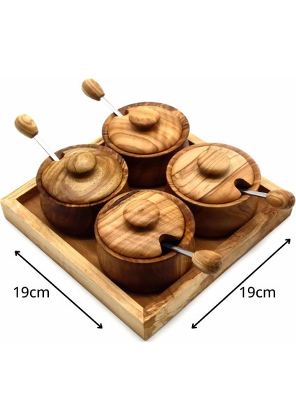 Ahşap Kaşıklı Tablalı 4'Lü Baharatlık Seti Zeytin Ağacı modelleri