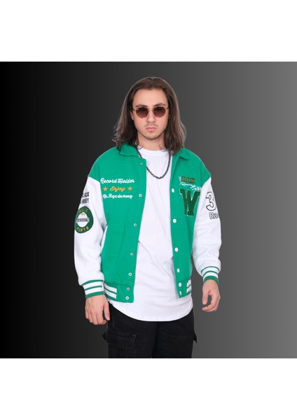 Unisex Oversize Yeşil Nakış Baskı Kolej Mont