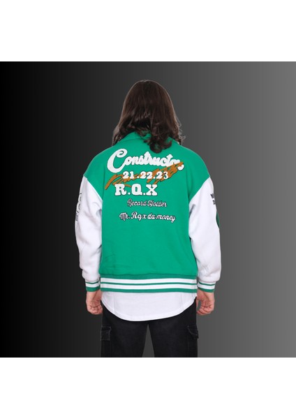 Unisex Oversize Yeşil Nakış Baskı Kolej Mont