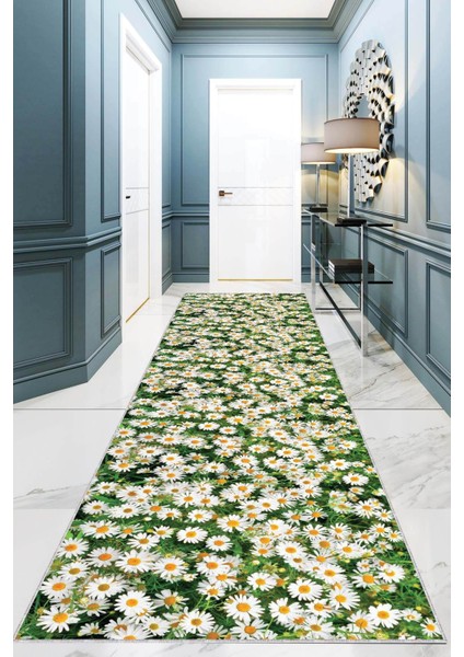 Yeşil Kaymaz Papatyalı Kesme Rulo Özel Ölçülü Yolluk AR252