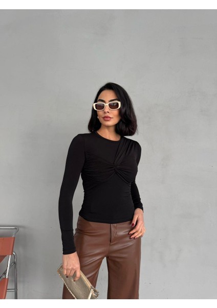Kadın Önü Çapraz Düğümlü Büzgülü Sandy Kumaş Body Bluz modelleri