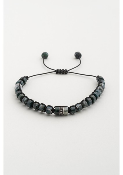 Doğal Yosun Akik Taşlı Ayarlanabilir Gümüş Erkek Bileklik