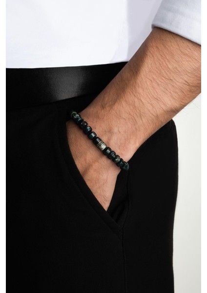 Doğal Yosun Akik Taşlı Ayarlanabilir Gümüş Erkek Bileklik modelleri