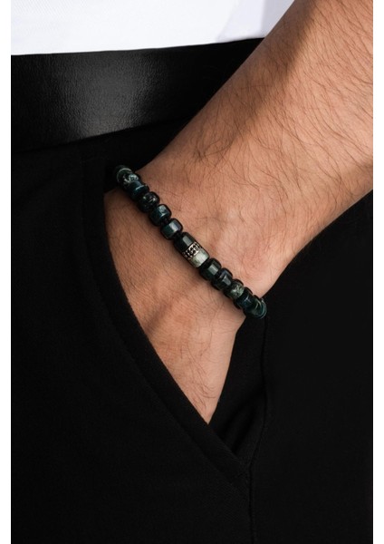 Doğal Yosun Akik Taşlı Ayarlanabilir Gümüş Erkek Bileklik fırsatları