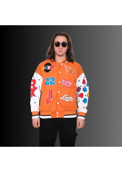 Unisex Oversize Turuncu Nakış Baskılı Kolej Ceket