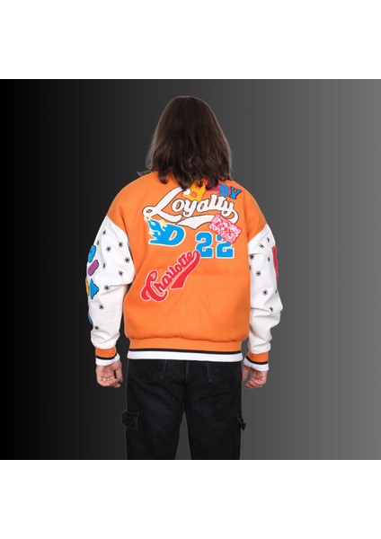 Unisex Oversize Turuncu Nakış Baskılı Kolej Ceket