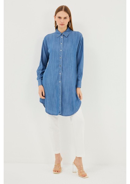 Denim Gömlek Yaka Mavi Tunik T-1115