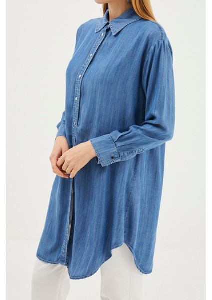 Denim Gömlek Yaka Mavi Tunik T-1115