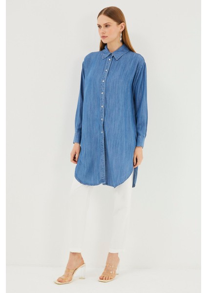 Denim Gömlek Yaka Mavi Tunik T-1115