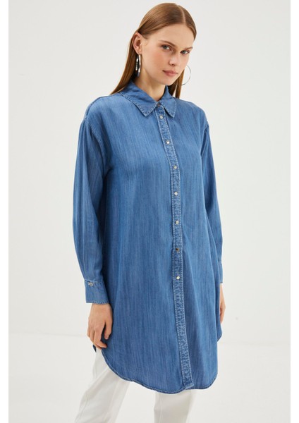 Denim Gömlek Yaka Mavi Tunik T-1115