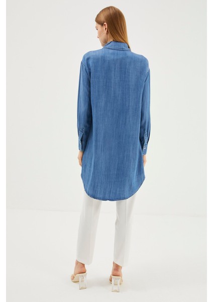 Denim Gömlek Yaka Mavi Tunik T-1115