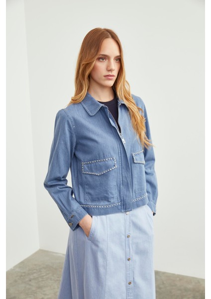 Denim Cep Detaylı Spor Mavi Ceket C-0095