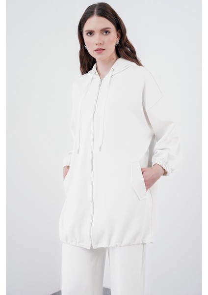 Comfort Fermuarlı Kapüşonlu Beyaz Sweatshirt C-0092