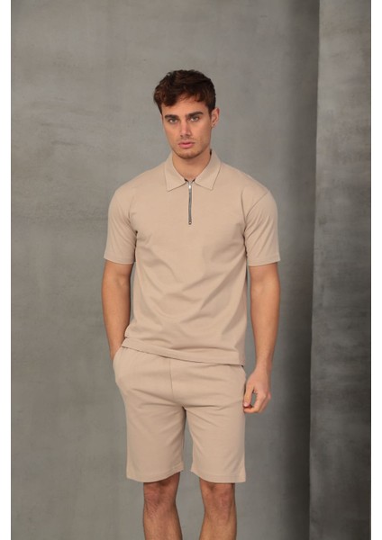 Bej Yarım Oversize Fermuarlı Erkek Şort Takımı