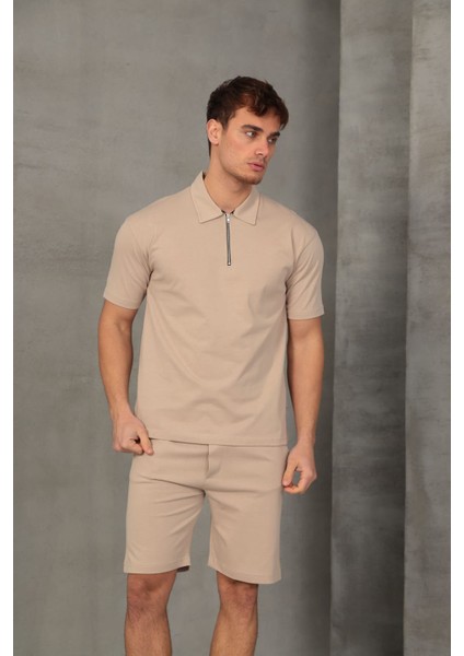Bej Yarım Oversize Fermuarlı Erkek Şort Takımı