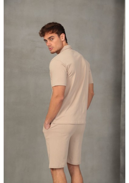 Bej Yarım Oversize Fermuarlı Erkek Şort Takımı