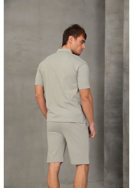 Gri Yarım Oversize Fermuarlı Erkek Şort Takımı