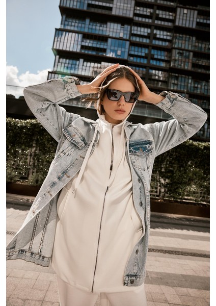 Comfort Fermuarlı Kapüşonlu Ekru Sweatshirt C-0092