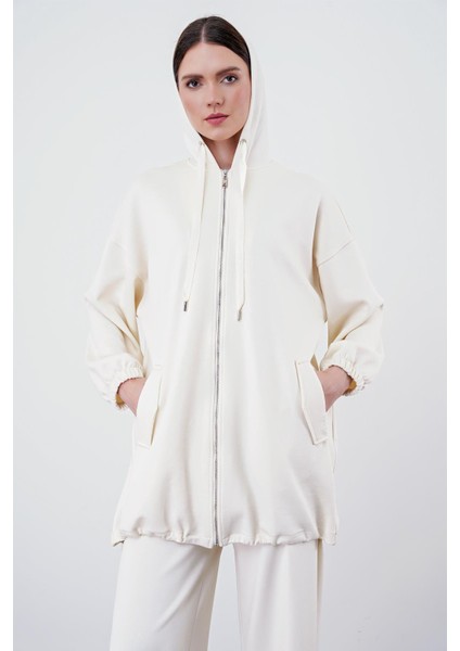 Comfort Fermuarlı Kapüşonlu Ekru Sweatshirt C-0092