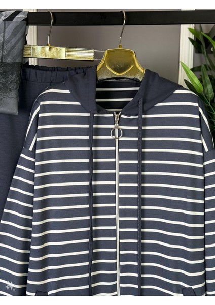Yeni Sezon Tam Boy Fermuarlı & Kapşonlu Çizgili Sweat Pantolon Ikili Takım fırsatları