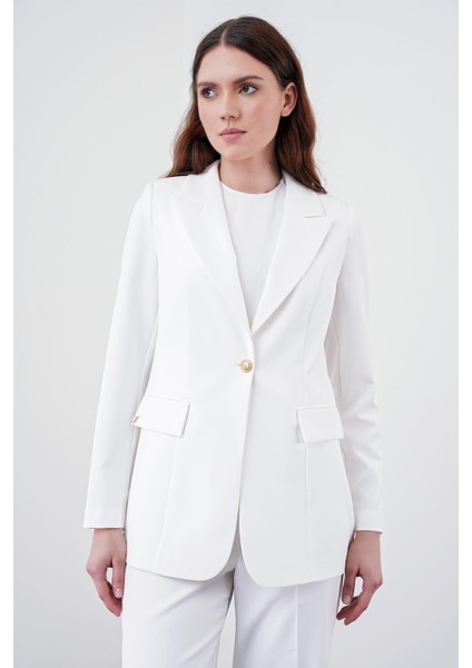 Kruvaze Yaka Tek Düğmeli Ekru Blazer Ceket C-0070 fırsatları