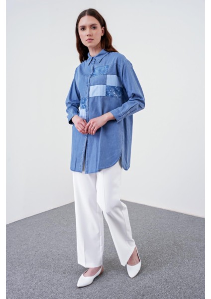 Denim Payet Detaylı Mavi Gömlek G-0054 fırsatları