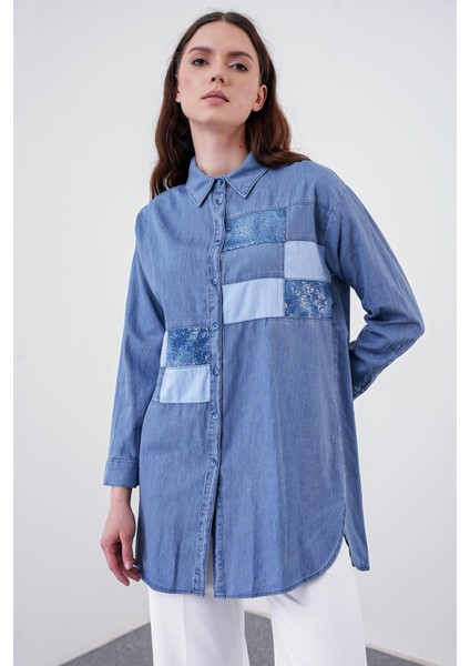 Denim Payet Detaylı Mavi Gömlek G-0054 indirimleri