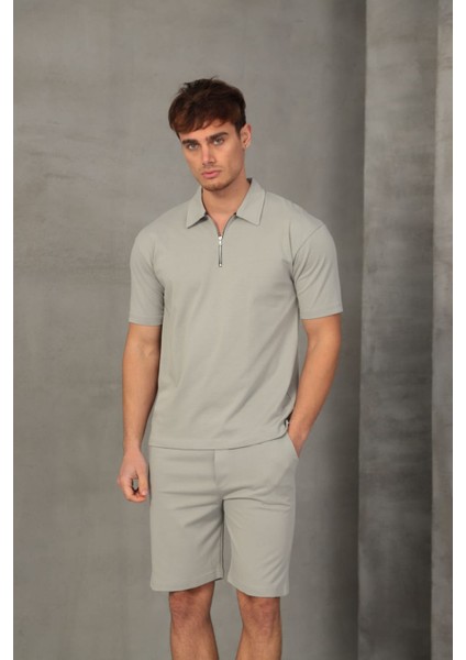 Gri Yarım Oversize Fermuarlı Erkek Şort Takımı