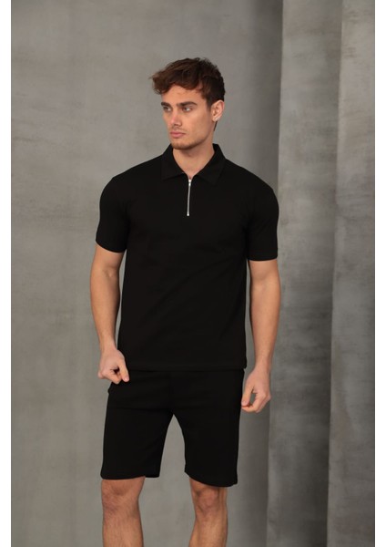 Siyah Yarım Oversize Fermuarlı Erkek Şort Takımı