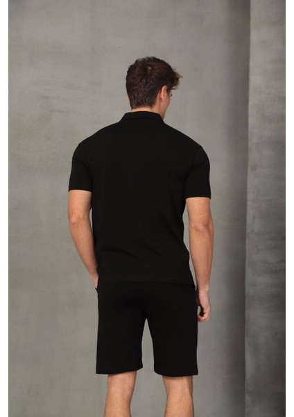 Siyah Yarım Oversize Fermuarlı Erkek Şort Takımı modelleri