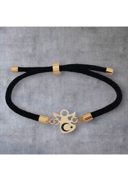 14 Ayar Altın Plakalı Mevlana Figürlü Türkiye Ay Yıldız Bilekliği, Siyah Örgü Det Ayıyla, Vatan Sevgisini ve Gururu Simgeleyen Gençlere ve Ergenlere Özel Bir Hediye!