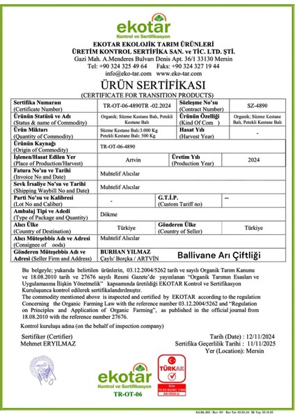 Artvin Borçka Organik Kestane Balı 500gr[YENİ SEZON]