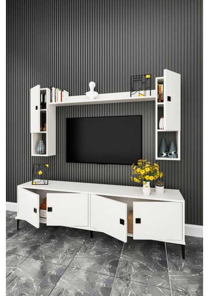 MDF Tv Ünitesi 180 cm Dolaplı Raflı