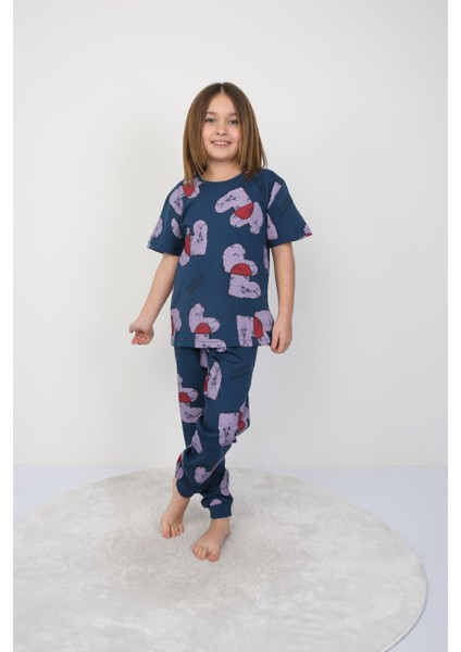 Kız Çocuk %100 Pamuk Yazlık Kısa Kollu Pijama Takımı - Kalp Desenli
