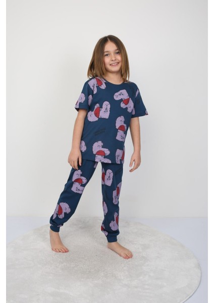 Kız Çocuk %100 Pamuk Yazlık Kısa Kollu Pijama Takımı - Kalp Desenli