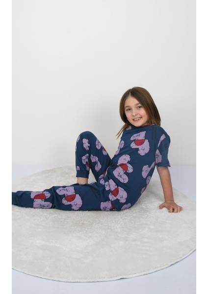 Kız Çocuk %100 Pamuk Yazlık Kısa Kollu Pijama Takımı - Kalp Desenli