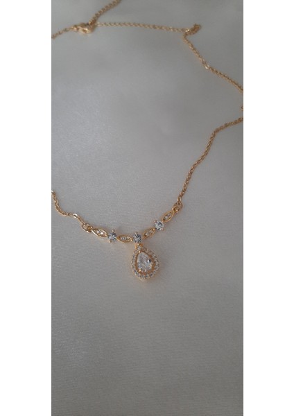 Zirkon Taşlı Çelik Gold Damla Kolye