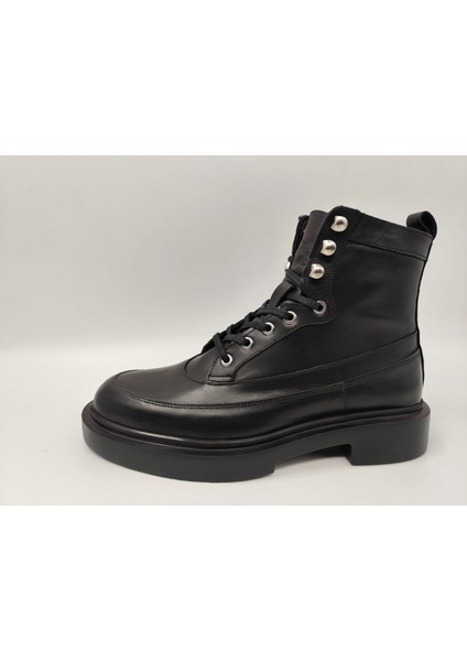 7062 Erkek Yüksek Taban Siyah Cilt Bağlı Yandan Zincirli Bot