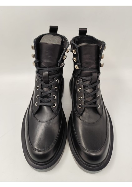 7062 Erkek Yüksek Taban Siyah Cilt Bağlı Yandan Zincirli Bot modelleri